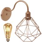 Luminária Arandela Parede Aramada Diamante Industrial Retro + Lâmpada Led Vintage Cobre Rose Gold