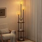 Luminária de Chão, Abajur de chão com Prateleiras e 3 Abajures em Rattan, Luminária Multifuncional para Sala e Quarto, Estante Decorativa com Luz