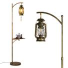 Luminária de chão ajustável estilo farmhouse com bandeja e lanterna, luminária de pé alta para quarto, decoração de casa, escritório, café, sala de estar e sala de leitura, com interruptor de pé liga/desliga e acabamento rústico escovado (bronze)