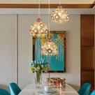 Luminária De Cristal Pendente Globo Amarado Com Abertura Dourado Sala Quarto E27 Bivolt 110V 220V