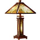 Luminária de Mesa Tiffany Capulina em Vidro Colorido, 3 Luzes, 38 x 38 x 66 cm, Âmbar e Marrom, Base de Madeira, Estilo Tiffany com Luz Noturna para Sala de Estar, Quarto e Escritório