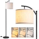 Luminária de piso Addlon preta com cúpula de linho bege, LED 9 W, 3 temperaturas de cor