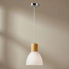 Luminária de Teto Pendente Moderno para Bancada Cozinha Cabeceira de Cama em Vidro Anello Wood Branco Detalhe Madeira
