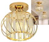 Luminária Em Cristal Legitimo K9 Sobrepor Teto Redondo 20cm Dourado P/1 Lâmpada Led E27 Lustre Moderno Aramado Vidro Cristais Para Sala Forro Gesso