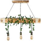 Luminária Grande Rústica de Madeira com 3 Pendentes e Soquetes Ouro Velho + Planta Trepadeira Artificial - Bloco Único de Pinheiro 95cm