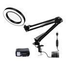 Luminária LED/Lupa 5x c/ Braço/Pedestal Articulado p/Mesa, Leitura, Bancada p/Eletrônica, Tatuagem