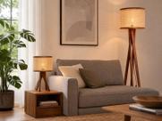 Luminária Luxo de Chão e Abajur Mesa Pes Madeira Cúpula em Tela Sintética Bivolt E27 Design Moderno Luminária Luxo de Chão e Abajur Mesa Pes Madeira Cúpula em Tela Sintética Bivolt E27 Design Moderno