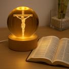 Luminária Mesa Bola Cristal 3d Base Madeira Decoração Religioso