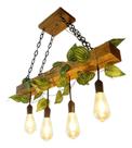 Lustre Luminária de Madeira, Bivolt, Pendente de teto, 4 pendentes com folhagem e correntes