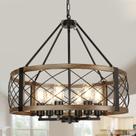 Lustre Moderno para Sala de Jantar, Lustre de 6 Lâmpadas com Acabamento em Grão de Madeira Estilo Fazenda, 57 cm de Diâmetro, Luminária Suspensa em Tambor Rústico para Ilha de Cozinha, Luminária Redonda de Metal para Hall, Entrada e Quarto