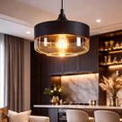 Lustre Pendente 25cm Vidro Âmbar Metal Preto Redondo Luminária Teto Gimpo KJDDE-263