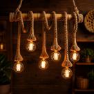 Lustre Pendente Corda e Bambu 6 Soquetes Estilo Rústico