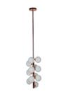 Lustre pendente vertical com bolas brancas de vidro estrutura rosé 12 lâmpadas jabuticaba