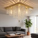 Lustre Plafon Cristal K9 40x40 Dourado Base Inox Sala de Jantar Quarto 4x G9 Bivolt