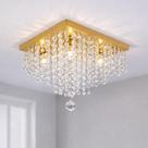 Lustre Plafon Dourado de Cristal K9 Legítimo 30x30cm Base Inox Espelhado 4 G9 para Sala Quarto Luxo Lumens Design