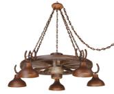 Lustre Rústico Roda de Carroça 5 lâmp. Madeira e Metal Oxidado Estância Linha Country Madelustre