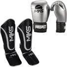 Luva Boxe Muay Thai Prospect Prata + Caneleira Muay Thai Prospect Preta - Mks Combat Luva Boxe Muay Thai Prospect Prata + Caneleira Muay Thai Prospect Preta - Mks Combat