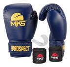 Luva muay thai boxe kickboxing prospect azul/amarelo + bandagem 2,55m + protetor bucal - mks