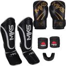 Luva Muay Thai Champion Preta/Dourada + Caneleira Muay Thai Prospect Preta + Bandagem + Bucal - Mks