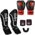 Luva Muay Thai Preta/Vermelha + Caneleira Muay Thai Preta + Bandagem + Protetor Bucal - Prospect Mks