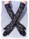 Luvas Campsis pretas de renda com strass, longas, 50 cm