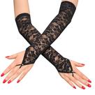 Luvas de noiva, renda longa, gancho de dedo, strass, nylon preto