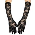 Luvas longas de renda preta para mulheres com design floral de dedo inteiro