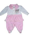 Macacão algodão Plush Rosa e Branco menina Bordado forrado Pompom