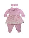 Macacão Bebê em Algodão com Vestido em Renda e Laço - 3 Peças Macacão Bebê em Algodão com Vestido em Renda e Laço - 3 Peças