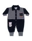 Macacão Bebê em Plush Listrado Ursinho Azul Marinho e Branco