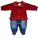Macacao bebe menina vermelho jeans