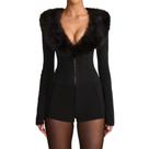 Macacão BIUPOS Sexy Black Faux Fur Deep V Decote para Mulheres