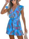 Macacão CUPSHE Tropical de manga esvoaçante com decote em V, praia, azul-vermelho, S