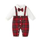 Macacão De Bebê Menino Xadrez Vermelho Estilo Cavalheiro Moda Outono Com Gravata Borboleta Pequena E
