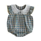 Macacão De Verão Para Bebês Meninas Em Xadrez Azul Com Mangas Curtas E Renda 0-24 Meses Macacão De Verão Para Bebês Meninas Em Xadrez Azul Com Mangas Curtas E Renda 0-24 Meses