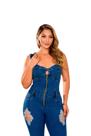 Macacão escuro jeans lycra skinn ziper frente