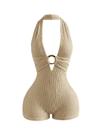 Macacão feminino BEAUDRM de verão Halter Deep V sem encosto bege