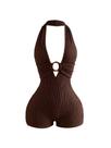 Macacão feminino BEAUDRM de verão Halter Deep V sem encosto marrom