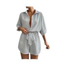 Macacão Feminino Casual De Verão, Soltinho, Confortável, Listrado, Com Manga Morcego E Botões