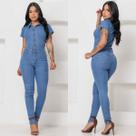 Macacão Feminino Casual Skinny Lycra Manga Curta Jeans Botões Encapados
