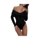 Macacão Feminino Elegante Básico Com Decote V Franzido E Manga Longa Ombro a Ombro, Ajuste Slim,