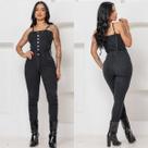 Macacão Feminino Jeans Justo Skinny Alça Botão Ferro