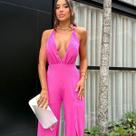 Macacão Feminino Longo Elegante Super Decotado Glamour Com Abertura nas Pernas Costas Nua
