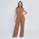 Macacão feminino pantalona soltinho regata cinto gola alta