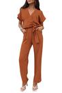 Macacão Feminino PRETTYGARDEN Caramelo com Decote V e Cinto XL