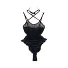Macacão Feminino Transparente Com Renda, Babados E Alças Cruzadas, Estilo Halter, Sem Costas, Pijama
