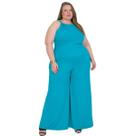 Macacão feminino viscolycra de alças amarração nas costas gola redonda acinturada pantalona reta cos alto com bolsos forrado slim plus size 40 ao 64