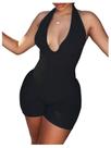 Macacão feminino WDIRARA com decote em V profundo, sem mangas, preto, pequeno