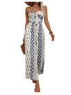 Macacão feminino WDIRARA com estampa boho sem alças, perna larga, azul Macacão feminino WDIRARA com estampa boho sem alças, perna larga, azul