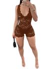 Macacão feminino WDIRARA de renda transparente com decote em V profundo, sem mangas, marrom Macacão feminino WDIRARA de renda transparente com decote em V profundo, sem mangas, marrom
